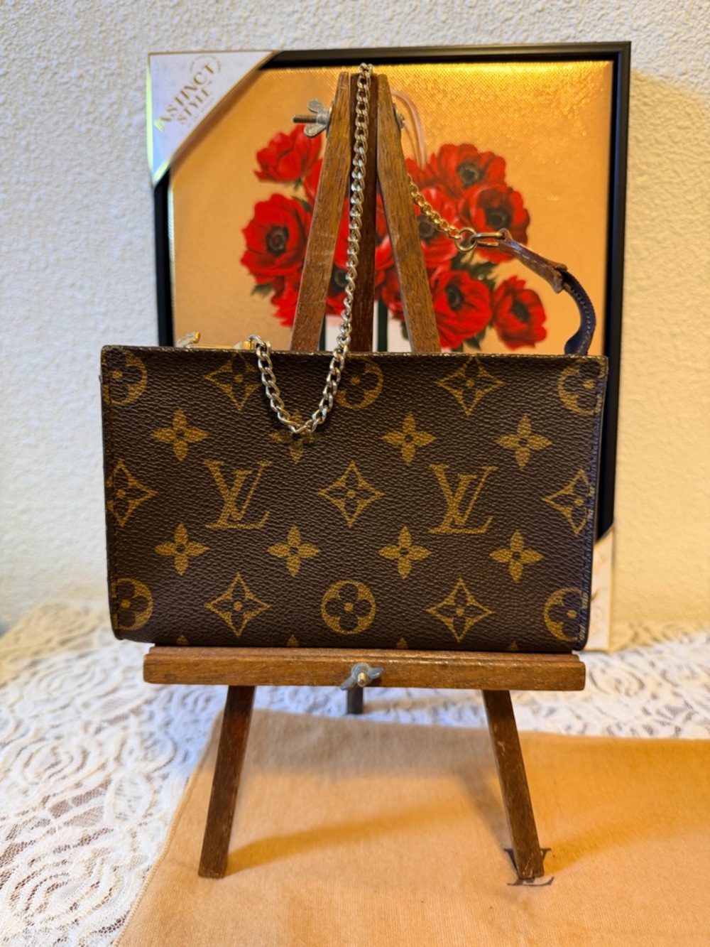 Louis Vuitton Brown Monogram Canvas Wristlet Pouch with original LV Gold Chain
